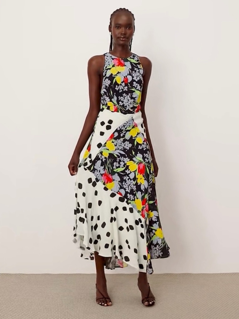 Arrange High-Low Mixed Print Floral & Polka Dot Midi Dress